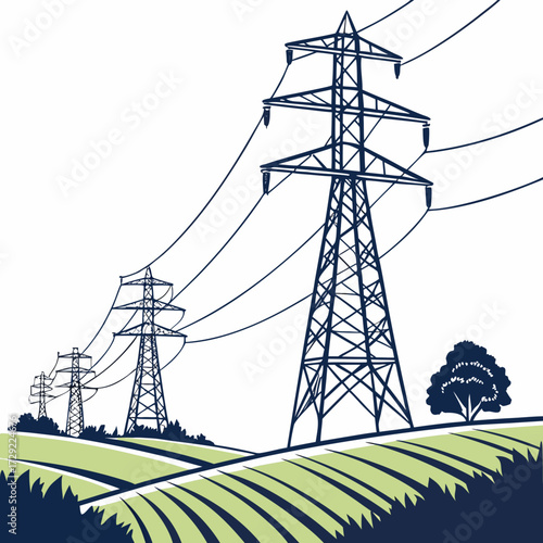 Electricity pylons and power lines stretching across a stylized green landscape with a single tree