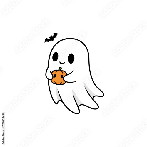 A super cute, friendly cartoon ghost holding a jack-o'-lantern, with a small bat above it. This adorable vector icon is perfect for kids' Halloween fun.