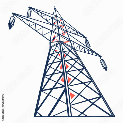 Modern abstract illustration of a dark blue and red electricity pylon against a white background