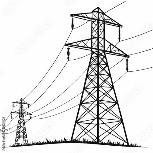 Two black and white power transmission towers with high voltage power lines stretching across a white background
