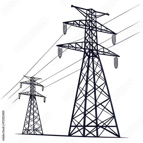 Two tall electricity pylons with power lines stretching across a white background