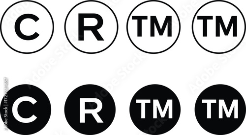 Trademark symbol, copyright symbol, registered trademark, legal protection, intellectual property, icon set, branding, logo, rights, secure, design, graphic, minimal, ownership, content