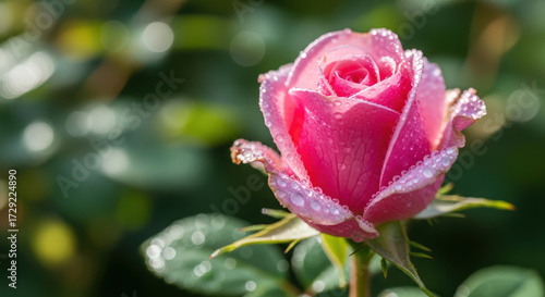A Captivating Close-Up of a Pink Rose Adorned with Sparkling Dew Drops, Showcasing Nature's Delicate Beauty and the Intricate Details of Floral Perfection