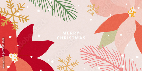 Merry Christmas greeting card, banner, poster, cover. Modern beautiful Xmas art design with hand drawn Poinsettia flowers, holly berries, fir branches, snowflakes pattern and typography.