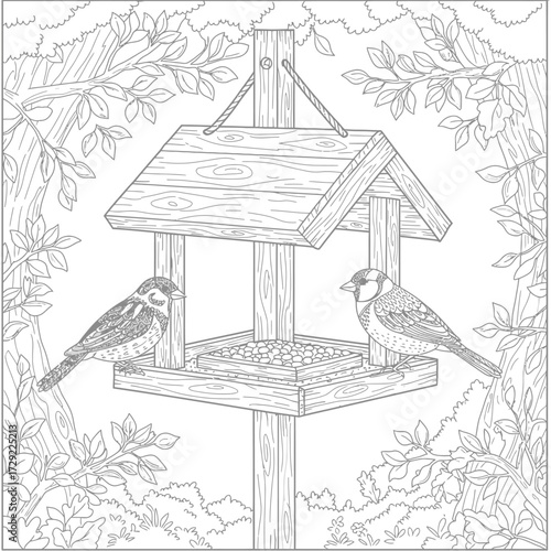 Bird feeder hanging from tree with birds feeding on a white background. EPS 10.