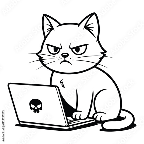 Cartoon illustration of an orange and white grumpy cat sitting at a laptop with skull logo on white background