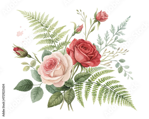 Watercolor Vintage Floral Illustration with Roses and Fern isolated on white background