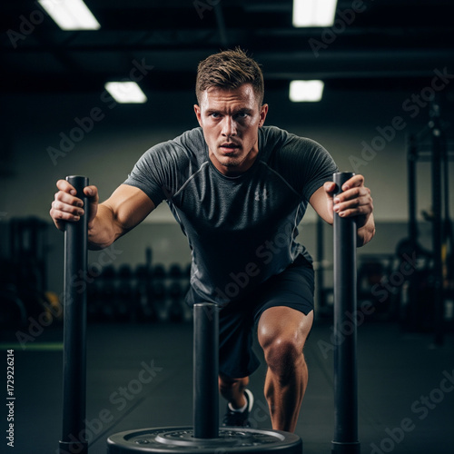 Intense Sled Push: Focused Male Athlete During High-Intensity Training