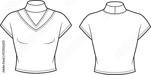 Cad drawing flat vector illustration of short sleeve mock neck V neckline women top technical fashion design sewing pattern template