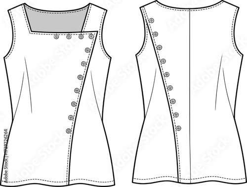 Cad drawing flat vector illustration of sleeveless asymmetrical button front top with modern fashion design and technical garment sewing pattern template
