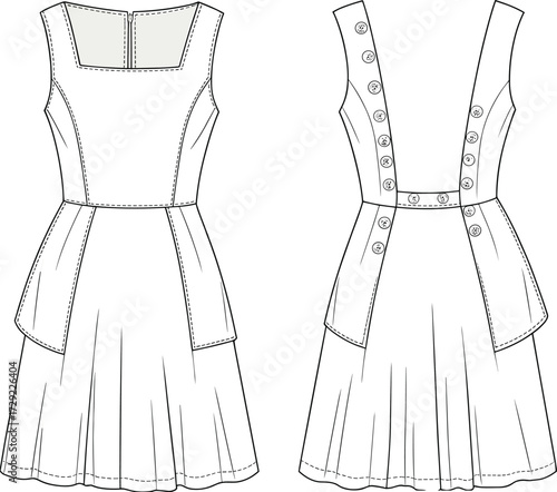 Cad drawing flat vector illustration of sleeveless dress with pleated skirt and open back button detail fashion technical sketch template