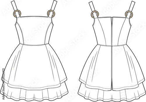 Cad drawing flat vector illustration of sleeveless layered mini dress with ring strap detail, fashionable garment technical template for sewing pattern