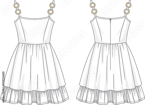 Cad drawing flat vector illustration of sleeveless layered ruffle dress with chain strap detail, fashionable garment technical template for sewing pattern