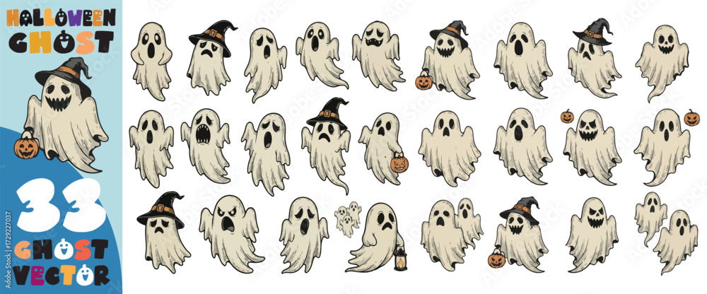 Obraz premium Collection of 33 cute and spooky cartoon ghosts with various expressions and wearing witch hats for halloween