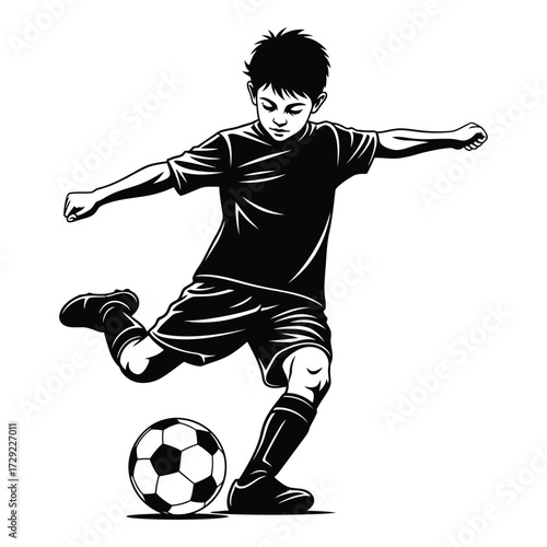 Dynamic young soccer player kicking ball mid-action sports art silhouette