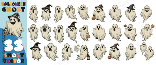 Collection of 33 cute and spooky cartoon ghosts with various expressions and wearing witch hats for halloween