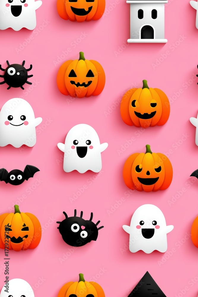 Obraz premium Colorful Halloween Icons with Ghosts, Pumpkins, and Spiders on Pink