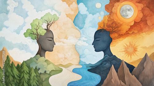 Symbolic artwork depicting two human figures with nature elements, representing balance between earth and sky, life and energy