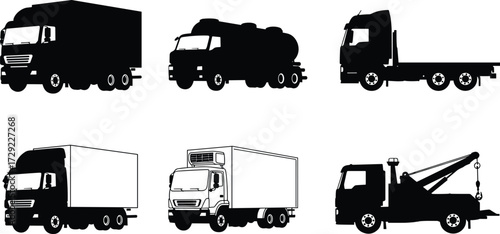 Truck silhouettes set, cargo transport, box truck, tanker, flatbed, refrigerated vehicle, tow truck, logistics, freight transport, commercial vehicles vector