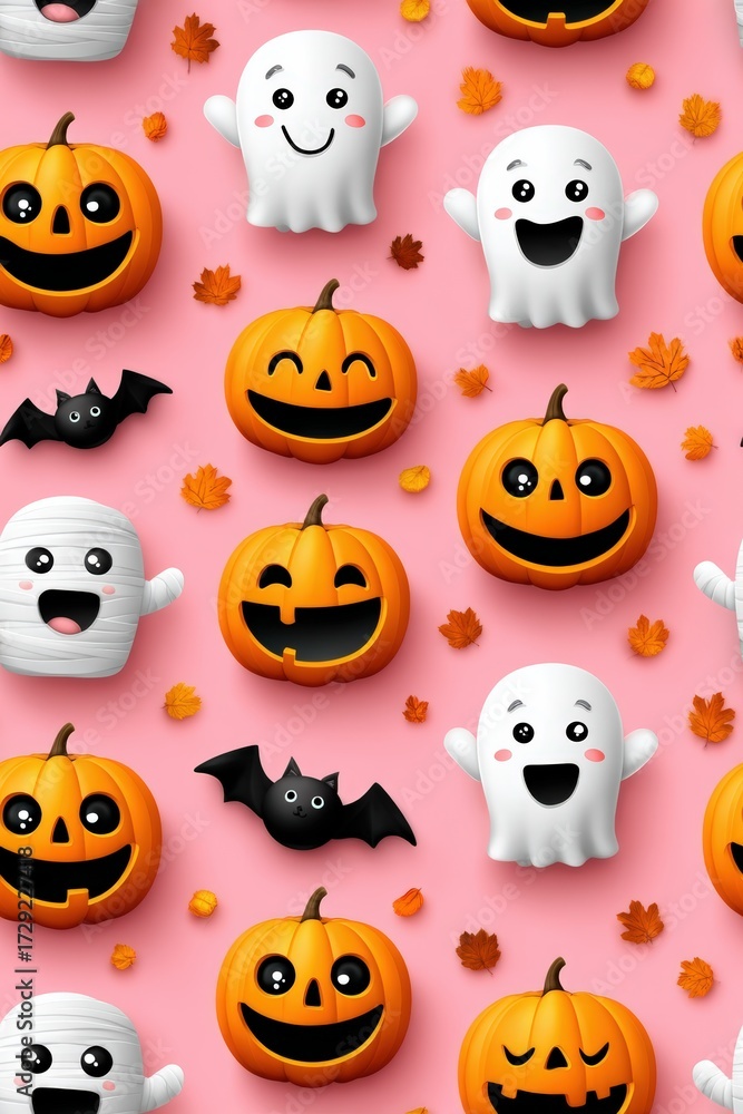 Fototapeta premium Cute Halloween Characters with Pumpkins and Ghosts on Pink Background