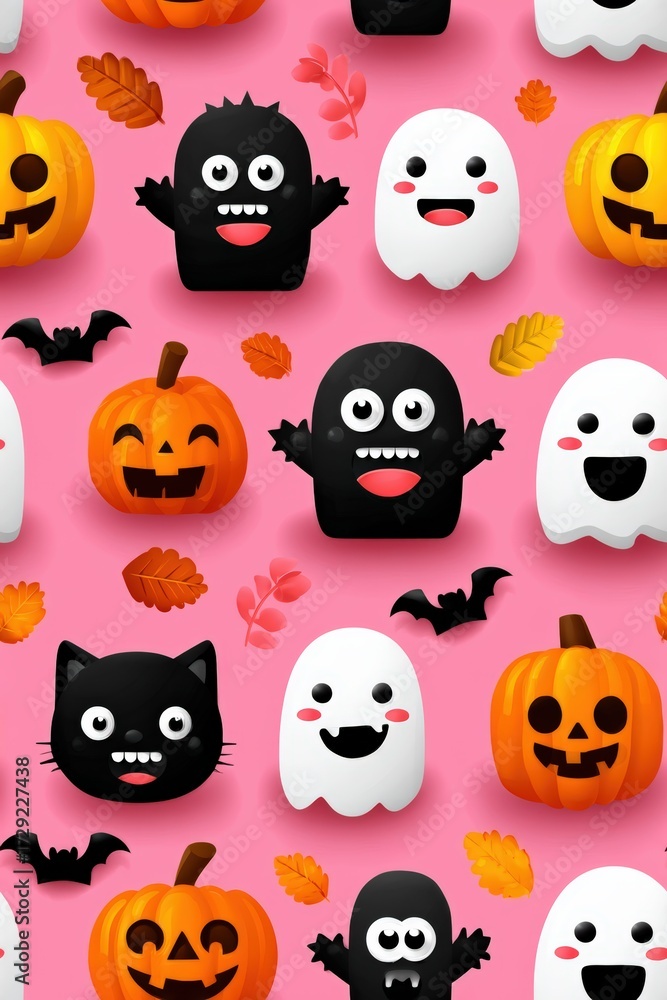 Fototapeta premium Cute Halloween Characters with Ghosts, Pumpkins, and Bats Pattern