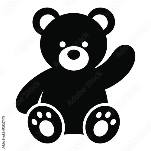 Friendly black teddy bear icon waving hello a classic symbol of childhood comfort and play silhouette