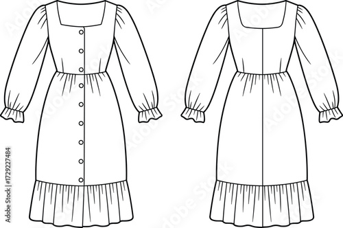 Cad drawing flat vector illustration of women long sleeve midi dress with ruffle hem and front button closure elegant design