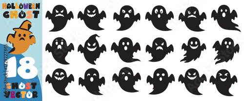 Collection of eighteen playful and spooky black ghost silhouettes with various facial expressions and a friendly orange ghost character