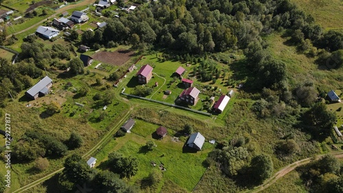 A small provincial settlement in summer, aerial view shot from a quadcopter.