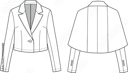 Cad drawing flat vector illustration of women’s cropped blazer jacket with cape back detail, stylish fashion template, detailed garment technical sketch