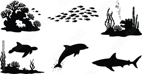 Underwater marine silhouettes, coral reef, fish school, sea turtle, dolphin, shark, aquatic plants, ocean wildlife, aquatic ecosystem vector illustration