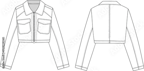 Cad drawing flat vector illustration of women’s cropped denim jacket with front zipper closure and chest flap pockets fashion template