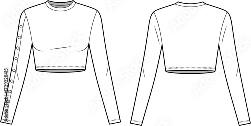 Cad drawing flat vector illustration of women’s long sleeve crop top with side button detail stylish fashion technical sketch template