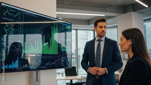 Business analysis of financial data on screen with two professional people