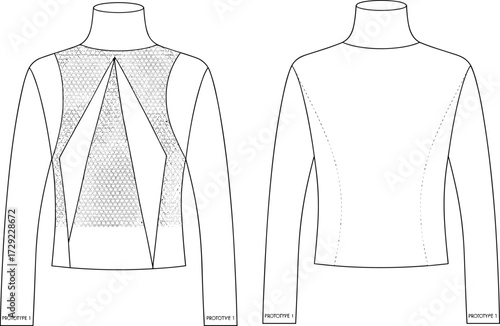 Cad drawing flat vector illustration of women’s long sleeve top with geometric lace panel design, stylish fashion template, detailed garment technical sketch