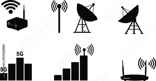 Wireless communication technology icon set, featuring 5G network signal, Wi-Fi router, satellite dish, and telecommunication antenna tower silhouettes.