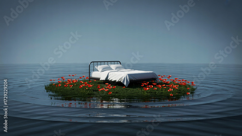 Surreal Bed on a Small Island Surrounded by Water and Poppies dream sleep