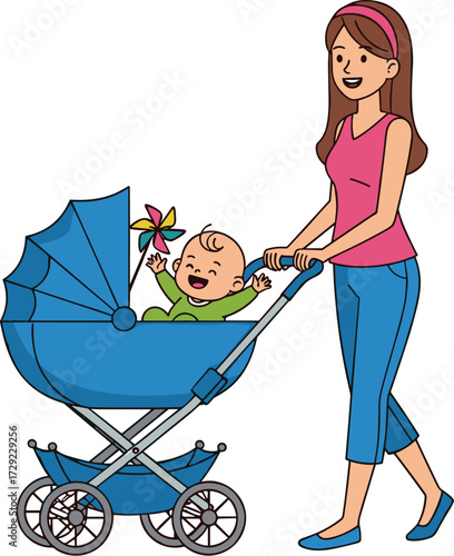 Happy young mother pushing baby stroller with smiling child holding colorful pinwheel toy, family time walk outdoor parenting illustration concept