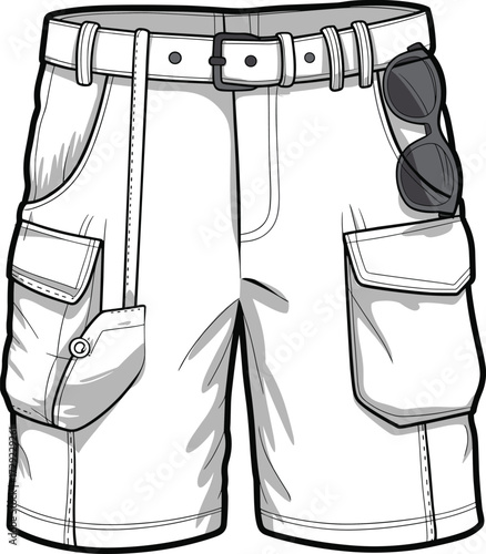 Cargo shorts technical sketch, flap pocket belt detail fashion flat, utility strap accessory design, cad drawing flat vector illustration