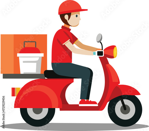 Fast Food Delivery Service Rider on Red Scooter Vector Illustration