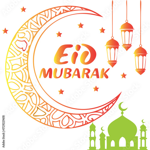 Eid Mubarak Greeting with Crescent Moon, Lanterns, and Mosque Illustration