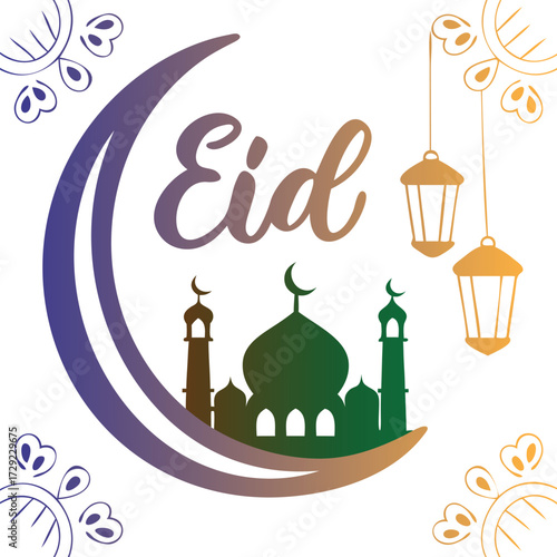 Eid Mubarak Greeting with Crescent Moon, Lanterns, and Mosque Illustration