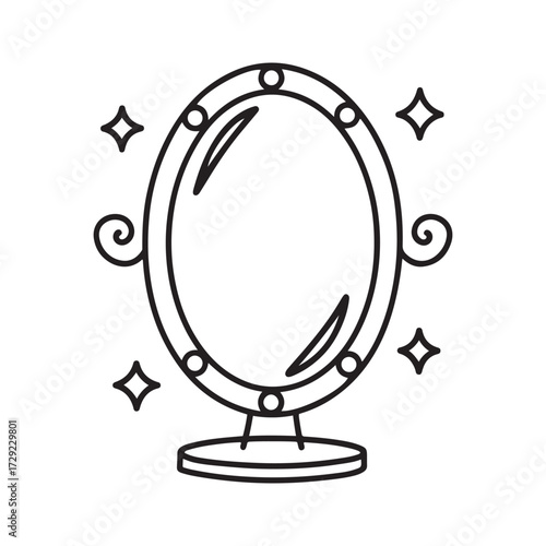 Elegant Oval Vanity Mirror Line Art Doodle with Decorative Swirls for Beauty and Interior Design Clipart