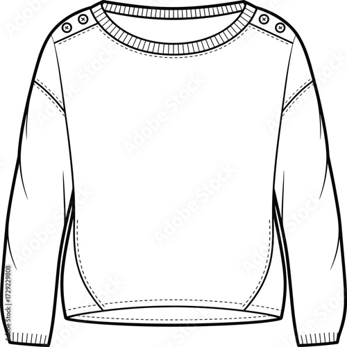 Long-sleeve sweater technical sketch, shoulder button dropped seam fashion flat, curved hemline cuff detail, cad drawing flat vector illustration