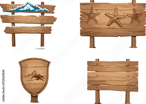 Wooden signboard vector set, rustic signage, mountain and starfish icons, blank board, shield plaque, outdoor nature illustration design