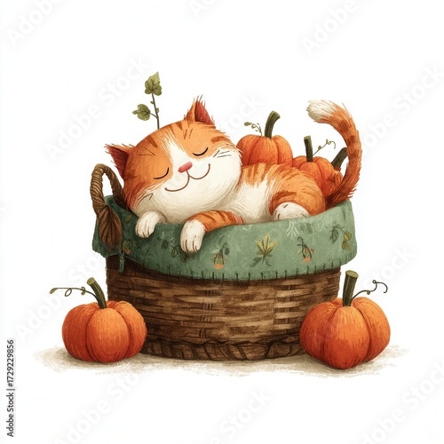 Cute Orange Cat Relaxing in a Basket Surrounded by Fresh Pumpkins in Autumn Scene