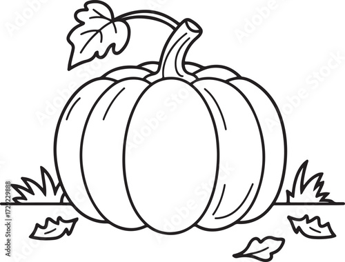 Cute Cartoon Outline of a Large Pumpkin with Stem and Curly Leaves for Autumn Holiday Designs