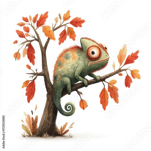 Colorful Chameleon Sitting on Tree Branch Surrounded by Autumn Leaves