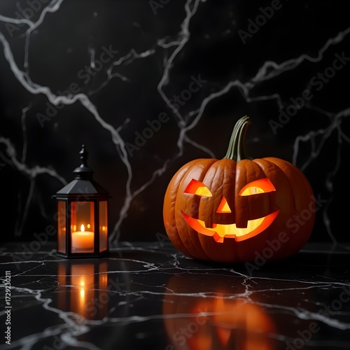 Halloween Carved Pumpkin Jack-o'-lantern with Candle Lantern Spooky Atmosphere