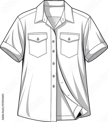Short-sleeve button-up shirt technical sketch, flap pocket classic collar fashion flat, cuffed sleeve hem detail, cad drawing flat vector illustration